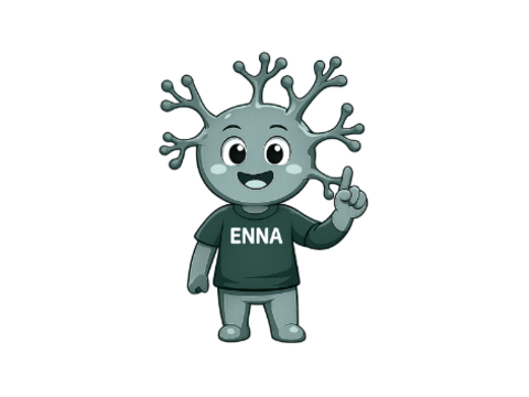 Maskottchen der KI-ENNA-MINI-Anwendung: Eine freundlich lächelnde, lilafarbene Comicfigur mit verzweigten Ausläufern am Kopf, die den Zeigefinger hebt und ein T-Shirt mit der Aufschrift „ENNA“ trägt.