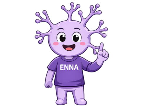 Maskottchen der KI-ENNA-MINI-Anwendung: Eine freundlich lächelnde, lilafarbene Comicfigur mit verzweigten Ausläufern am Kopf, die den Zeigefinger hebt und ein T-Shirt mit der Aufschrift „ENNA“ trägt.